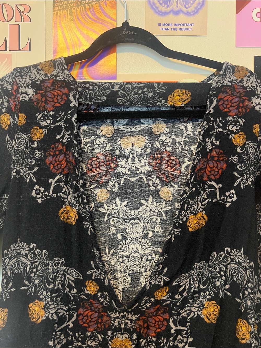 Free People Black Floral Long Sleeve Peasant Top with Rust & Mustard Accents - Picture 6 of 6